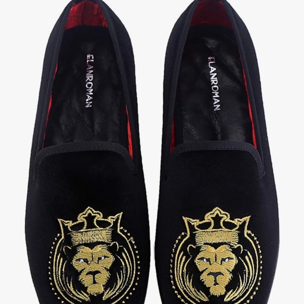 Black and Gold Velvet Loafers with Embroidered Crest